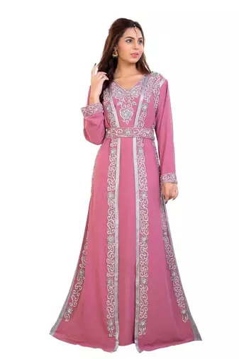 Pink georgette embroidered zari work islamic kaftan