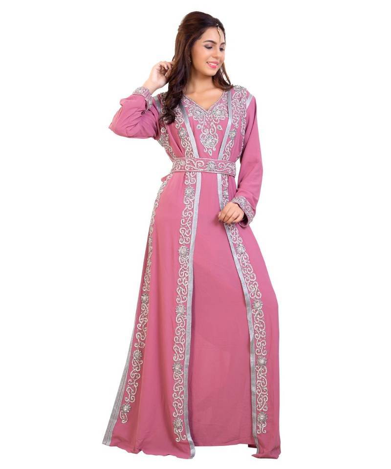 Pink georgette embroidered zari work islamic kaftan