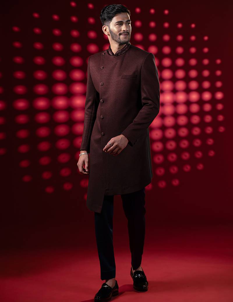 Maroon embroidered velvet sherwani