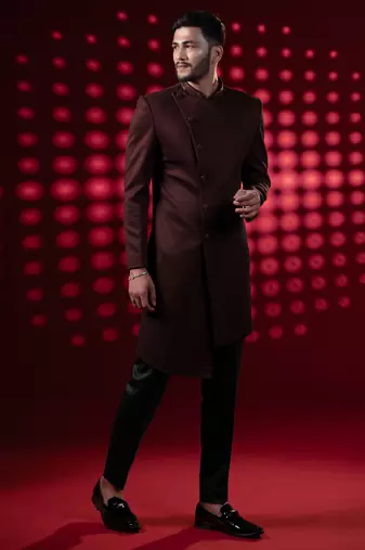 Maroon embroidered velvet sherwani