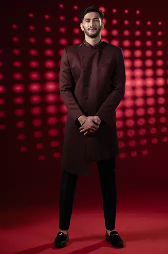 Maroon embroidered velvet sherwani