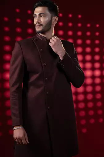 Maroon embroidered velvet sherwani