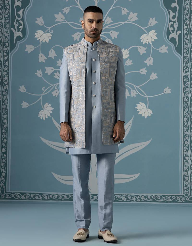 Blue floral polycotton indo western