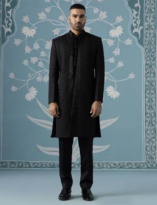 Black self design satin indo western 1