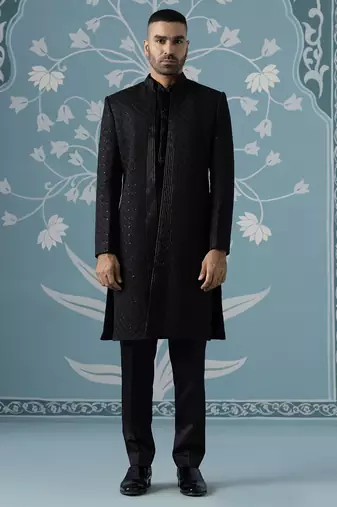 Black self design satin indo western