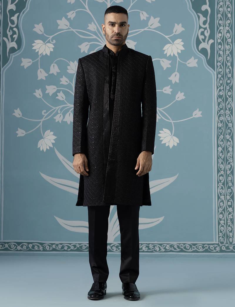 Black self design satin indo western