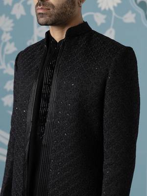 Black self design satin indo western 2