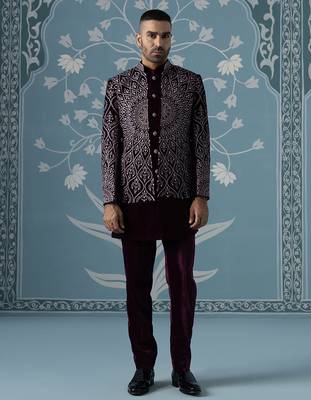 Purple embroidered velvet indo western 1