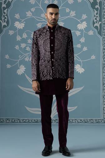 Purple embroidered velvet indo western