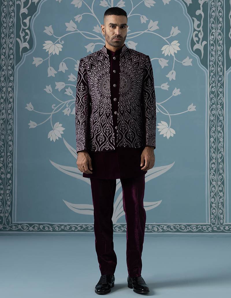 Purple embroidered velvet indo western