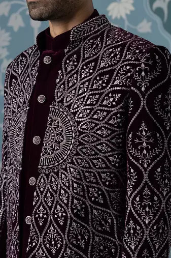 Purple embroidered velvet indo western