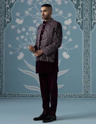 Purple embroidered velvet indo western 3