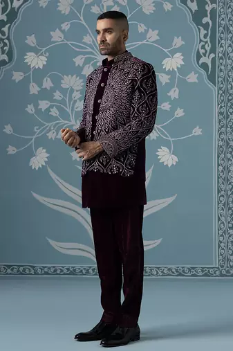 Purple embroidered velvet indo western