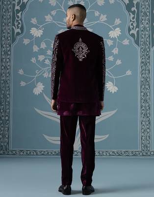 Purple embroidered velvet indo western 4