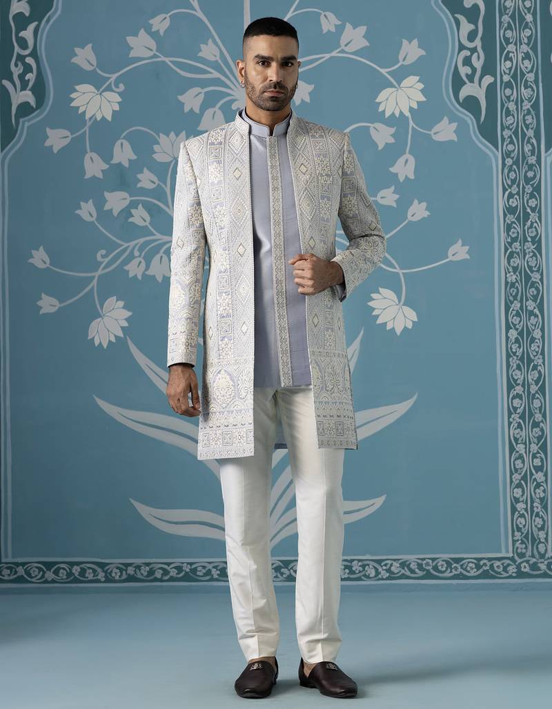 Blue embroidered cotton indo western