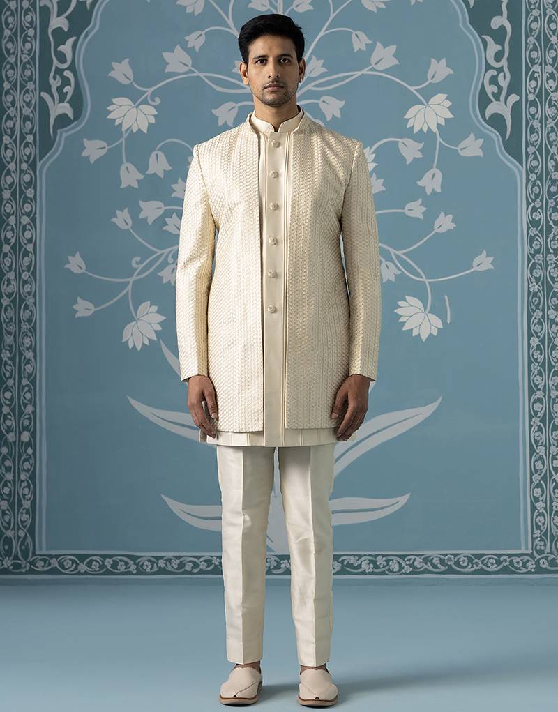 Beige embellished polycotton indo western