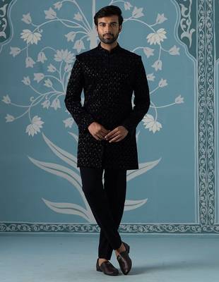 Blue embroidered velvet indo western 1