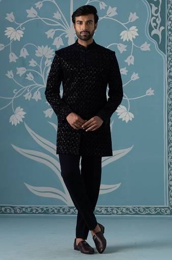 Blue embroidered velvet indo western