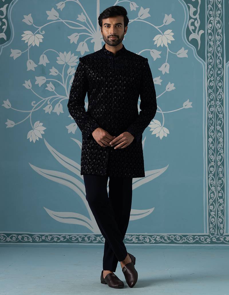 Blue embroidered velvet indo western