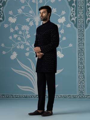 Blue embroidered velvet indo western 3