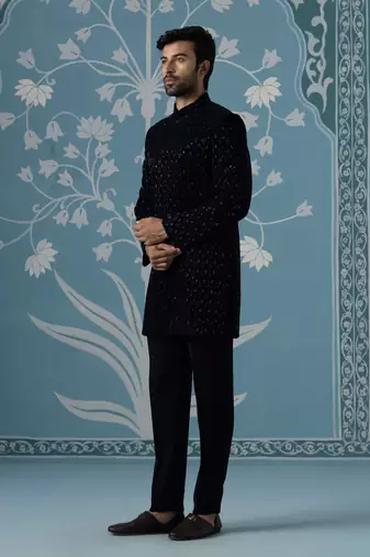 Blue embroidered velvet indo western