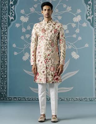 Beige floral cotton sherwani 1
