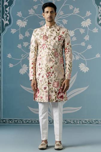 Beige floral cotton sherwani