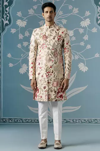 Beige floral cotton sherwani