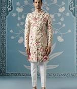 Beige floral cotton sherwani
