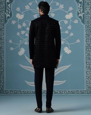 Blue embroidered velvet indo western 4
