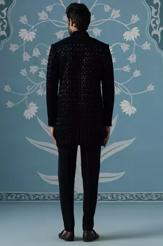 Blue embroidered velvet indo western