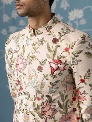 Beige floral cotton sherwani 2