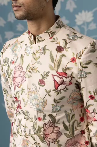 Beige floral cotton sherwani