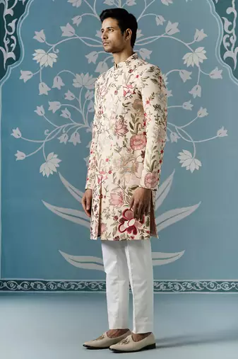 Beige floral cotton sherwani