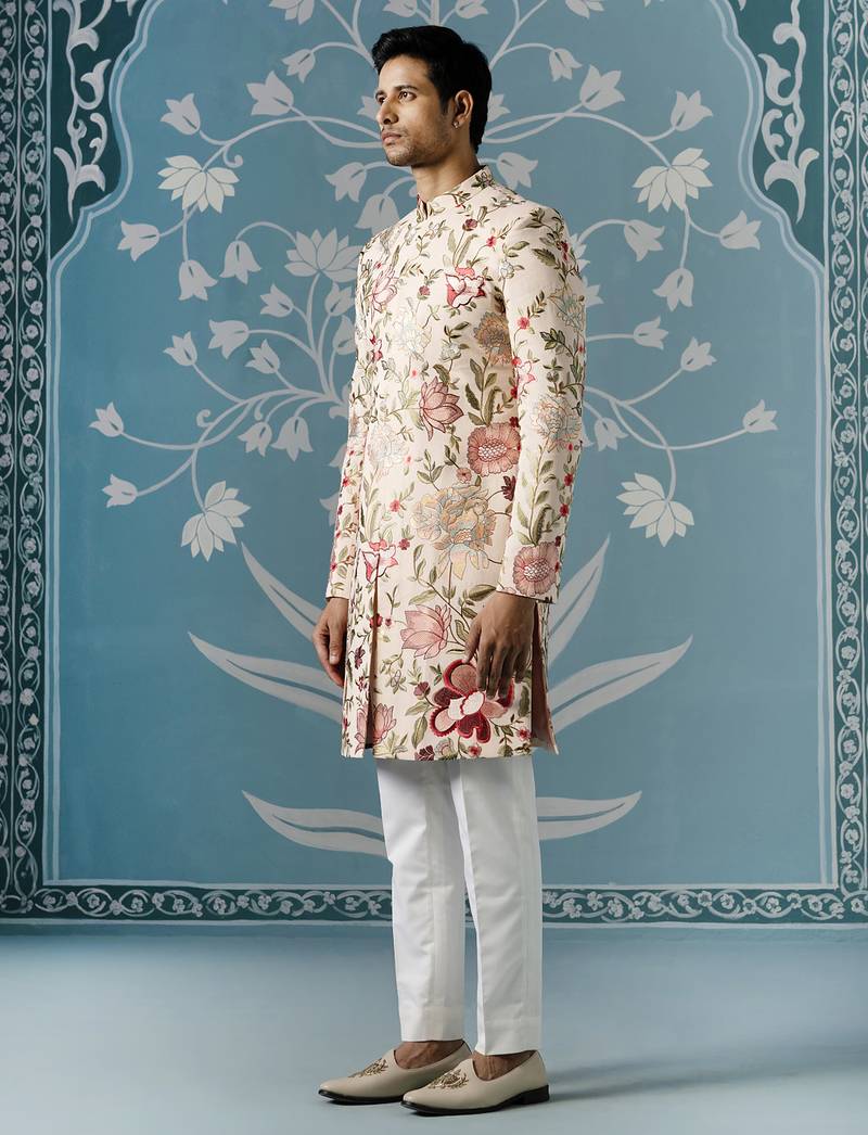 Beige floral cotton sherwani