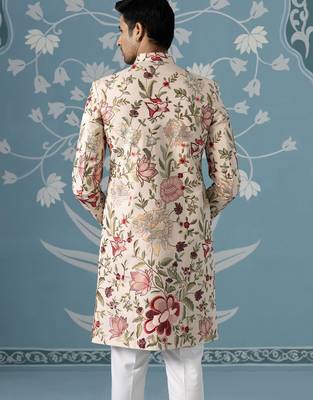 Beige floral cotton sherwani 4