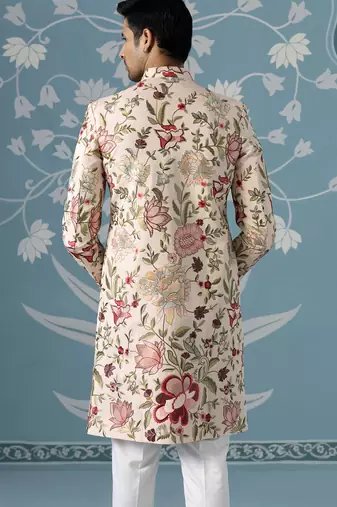 Beige floral cotton sherwani
