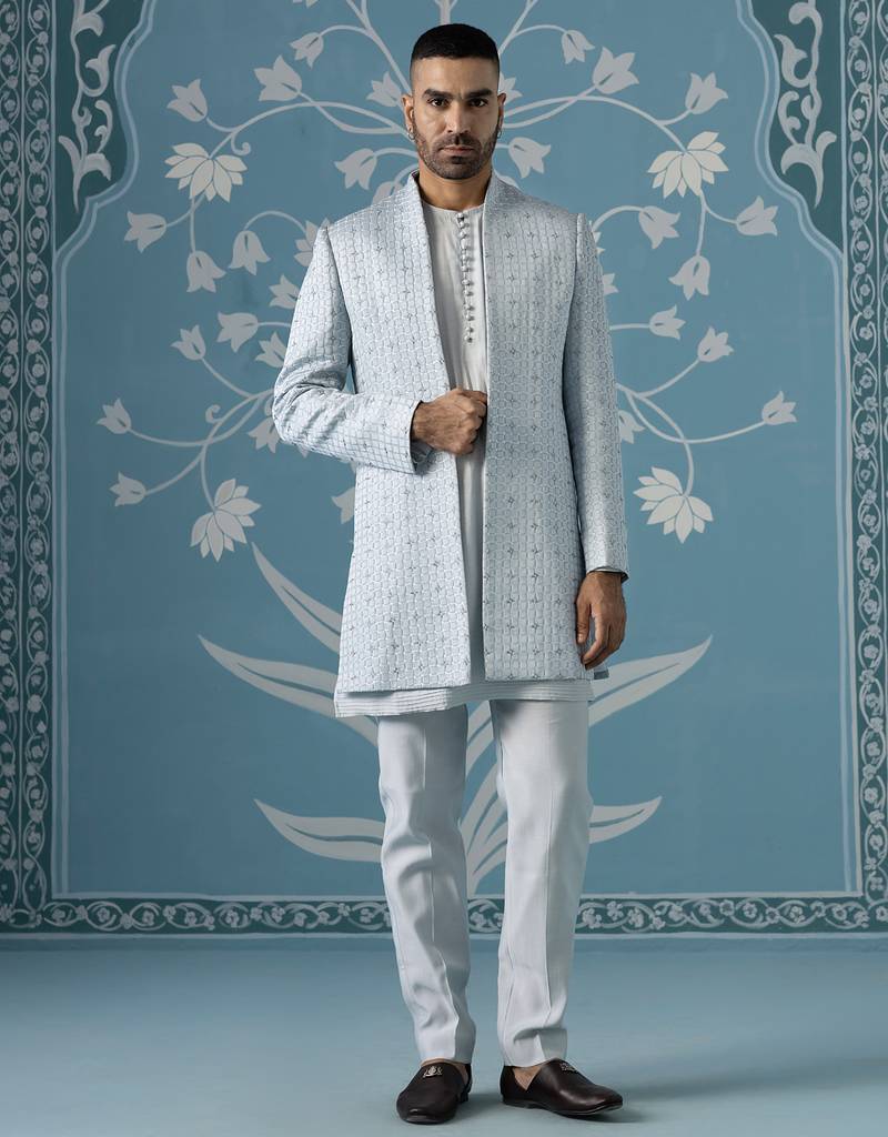 Blue self design polycotton indo western