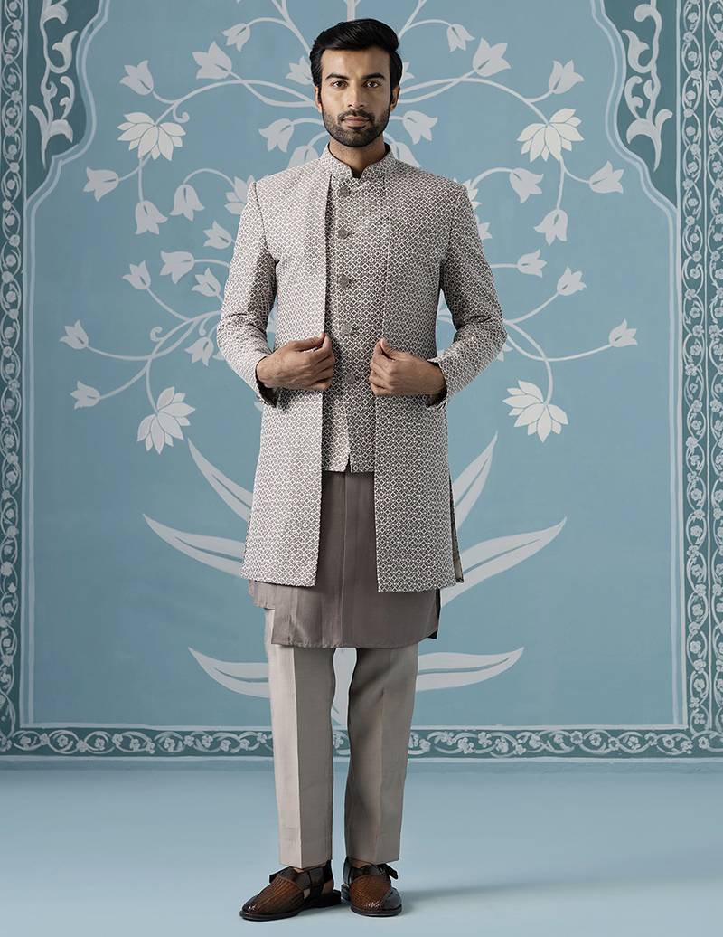 Grey embellished polyester indo western