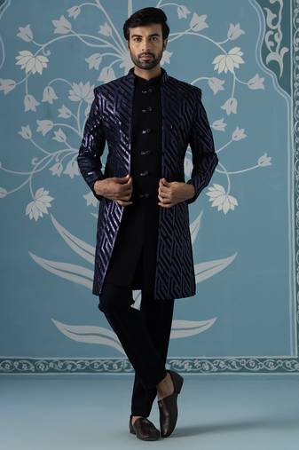 Blue embellished polycotton indo western