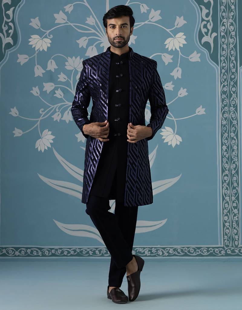 Blue embellished polycotton indo western