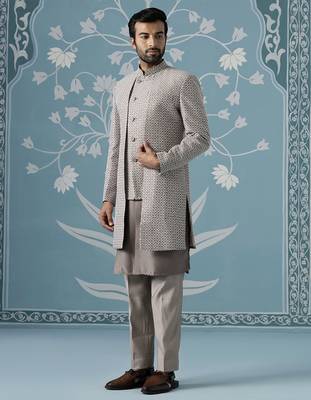 Grey embellished polyester indo western 3