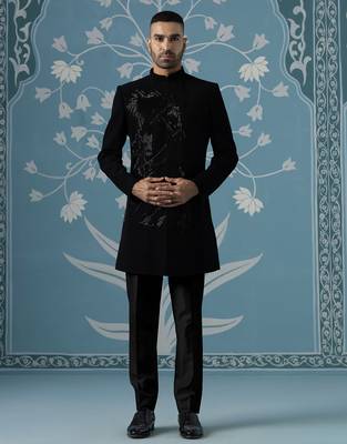 Black embroidered jacquard sherwani 1