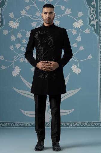 Black embroidered jacquard sherwani