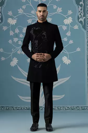 Black embroidered jacquard sherwani