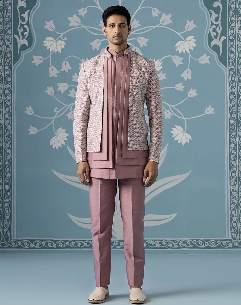 Pink embellished polyester indo western