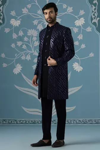 Blue embellished polycotton indo western