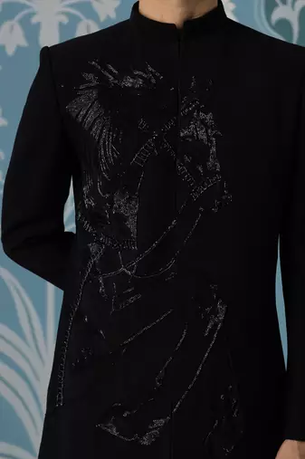 Black embroidered jacquard sherwani