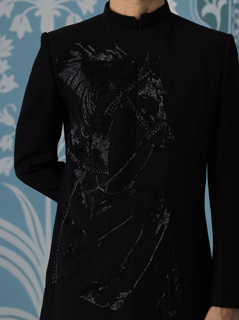 Black embroidered jacquard sherwani
