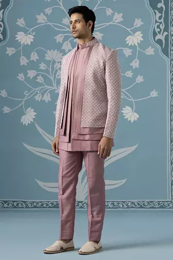Pink embellished polyester indo western